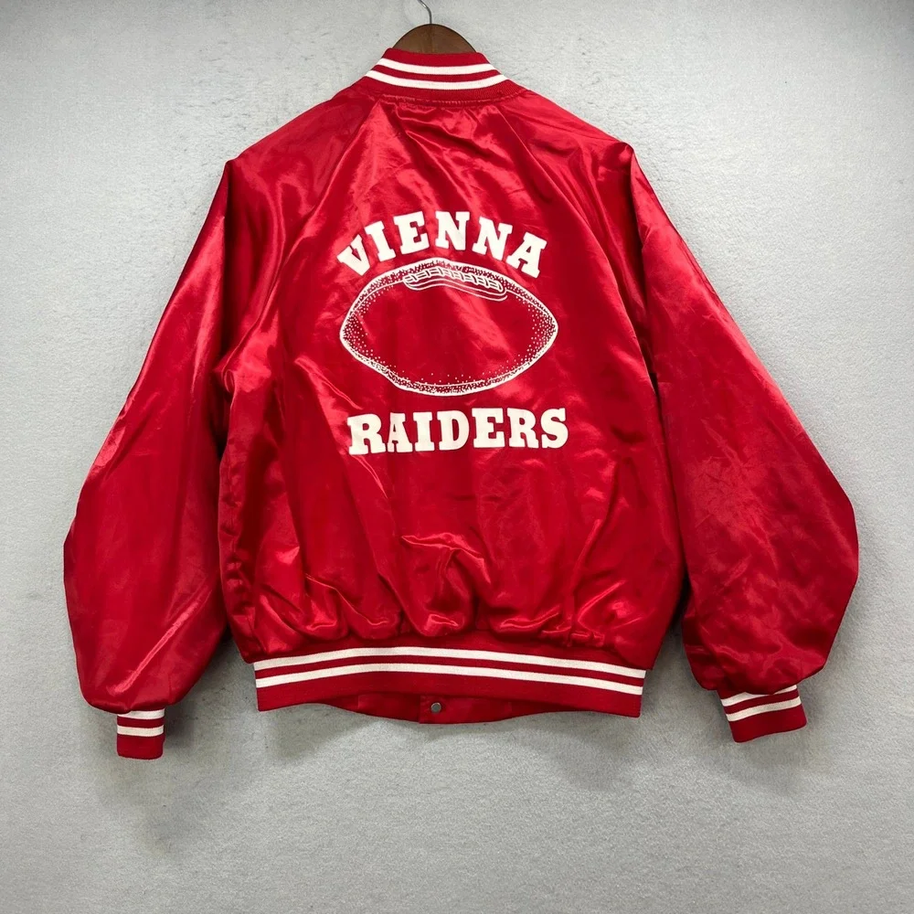 Vintage Vienna Raiders Varsity Jacket Mens L Red Satin Football Bomber USA Made